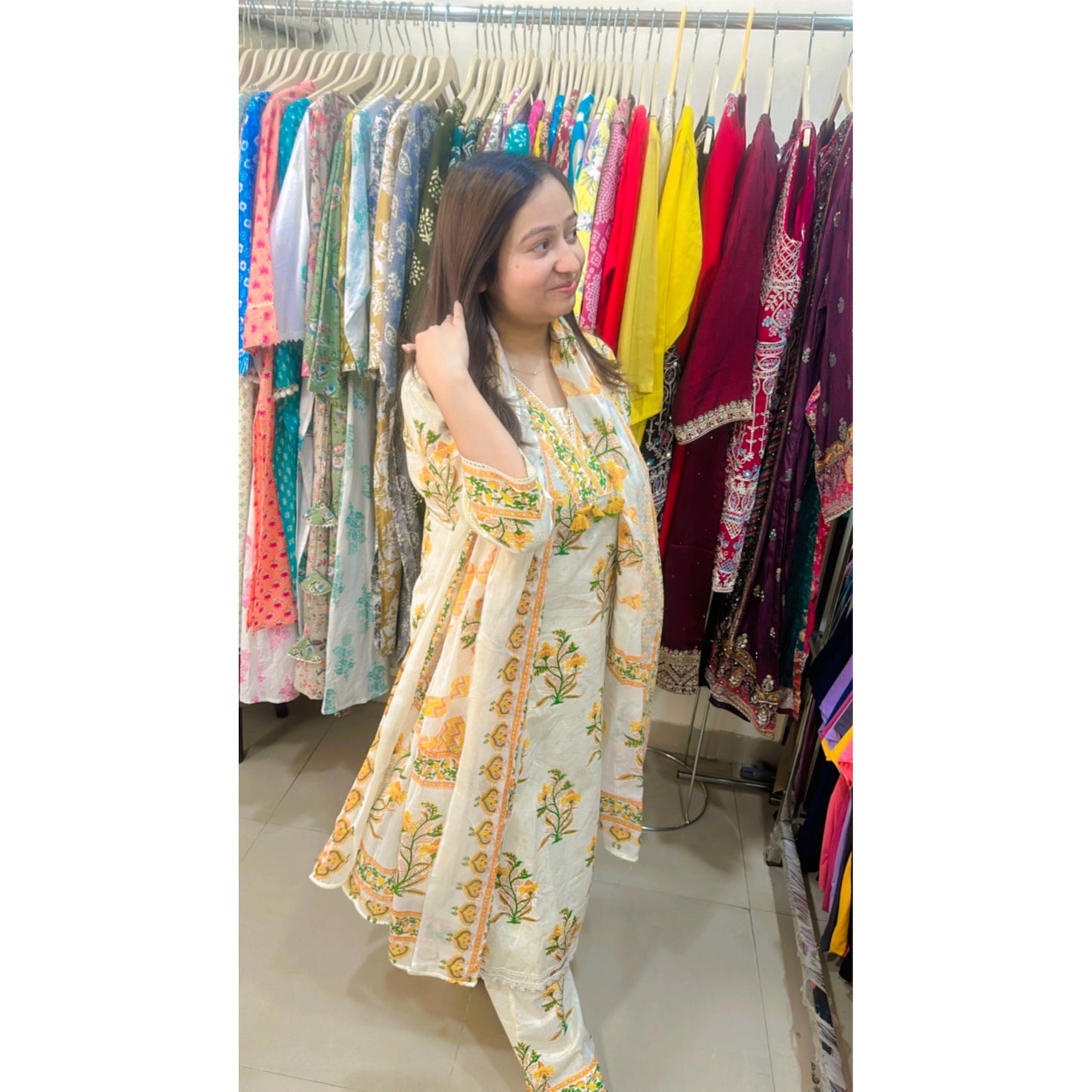 Cream multicolor cotton printed kurta pant with dupatta