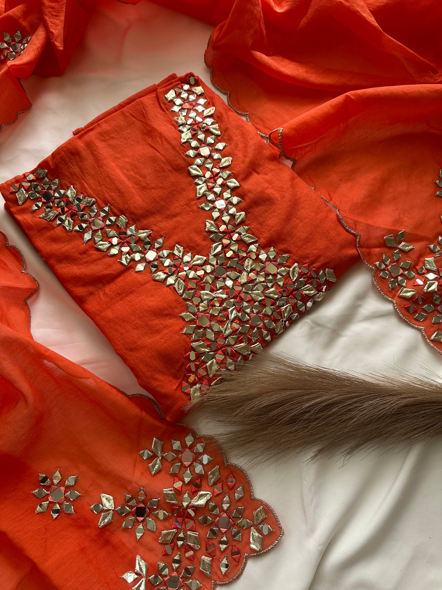 Unstitched mul cotton orange heavy neck work suit set