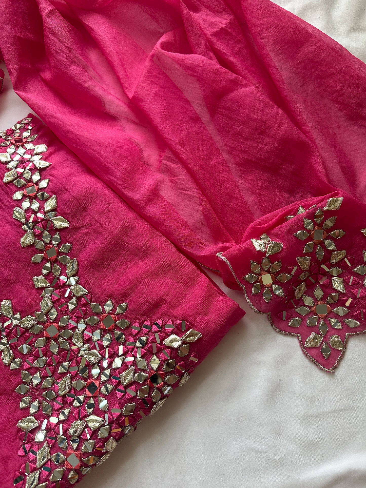 Unstitched mul cotton pink heavy neck work suit set