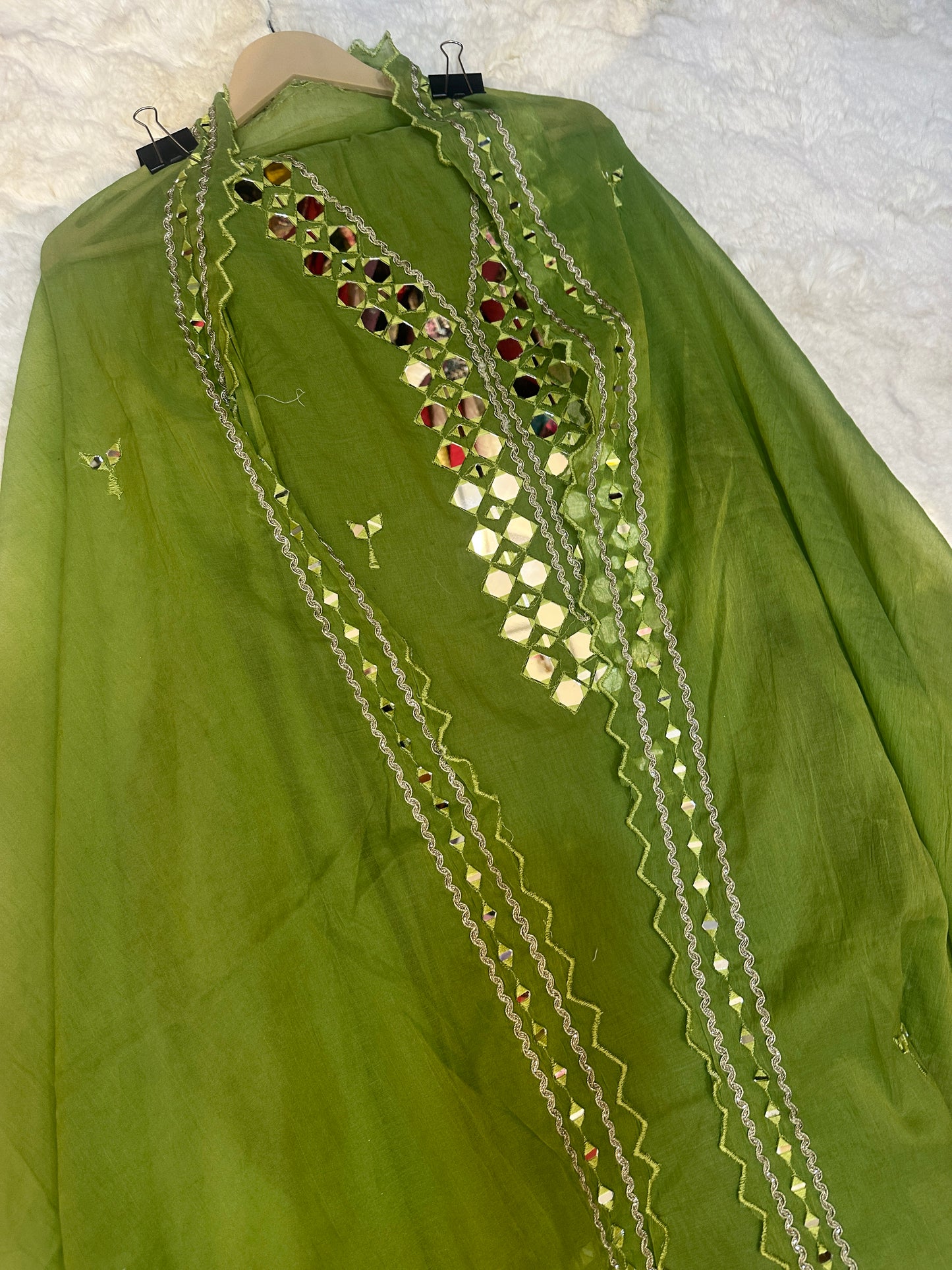 Green Mul Cotton Unstitched Suit Set with Intricate Mirror Work Detailing