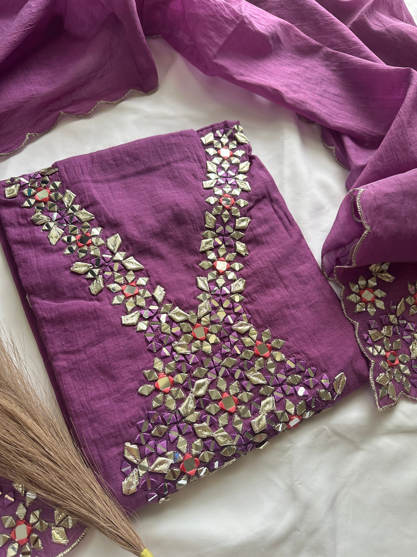 Unstitched mul cotton purple heavy neck work suit set