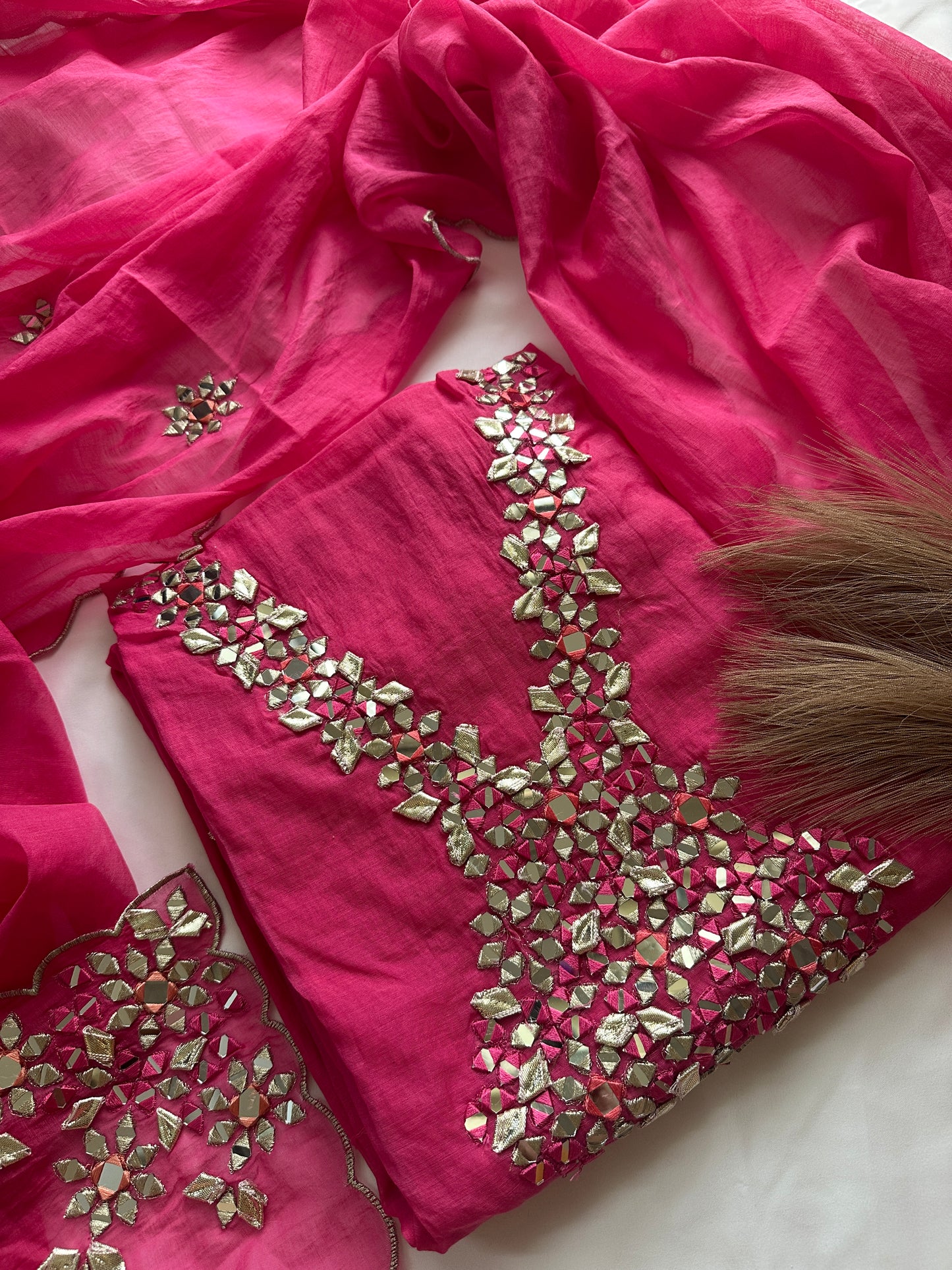 Unstitched mul cotton pink heavy neck work suit set