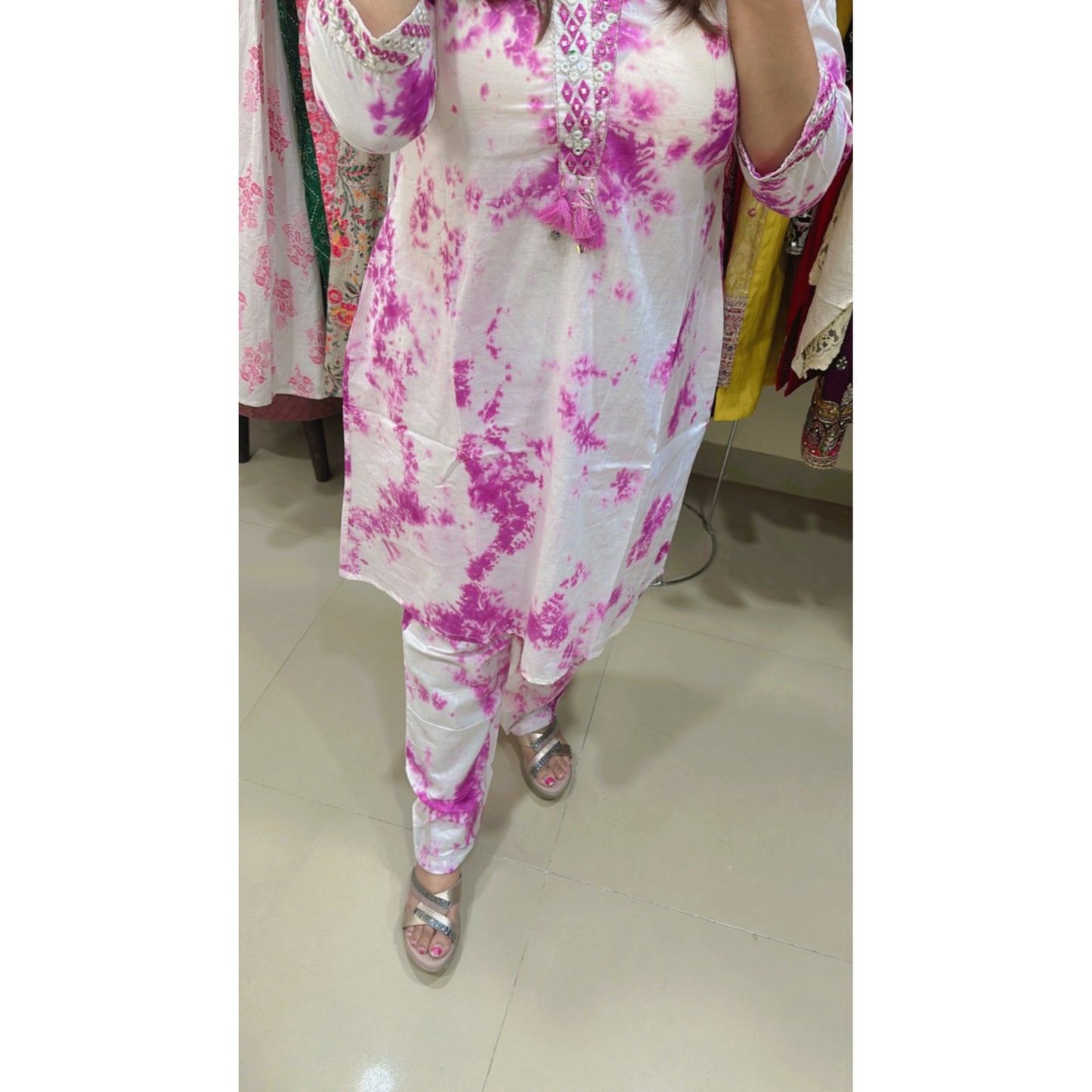 Pink tie and die kurta pant set