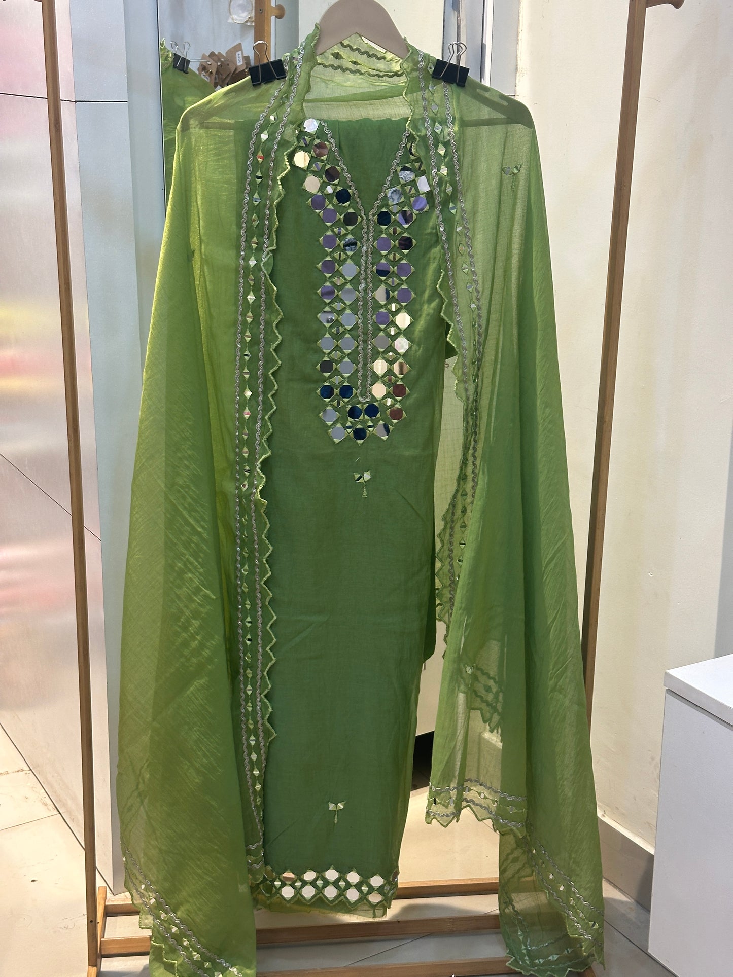 Green Mul Cotton Unstitched Suit Set with Intricate Mirror Work Detailing