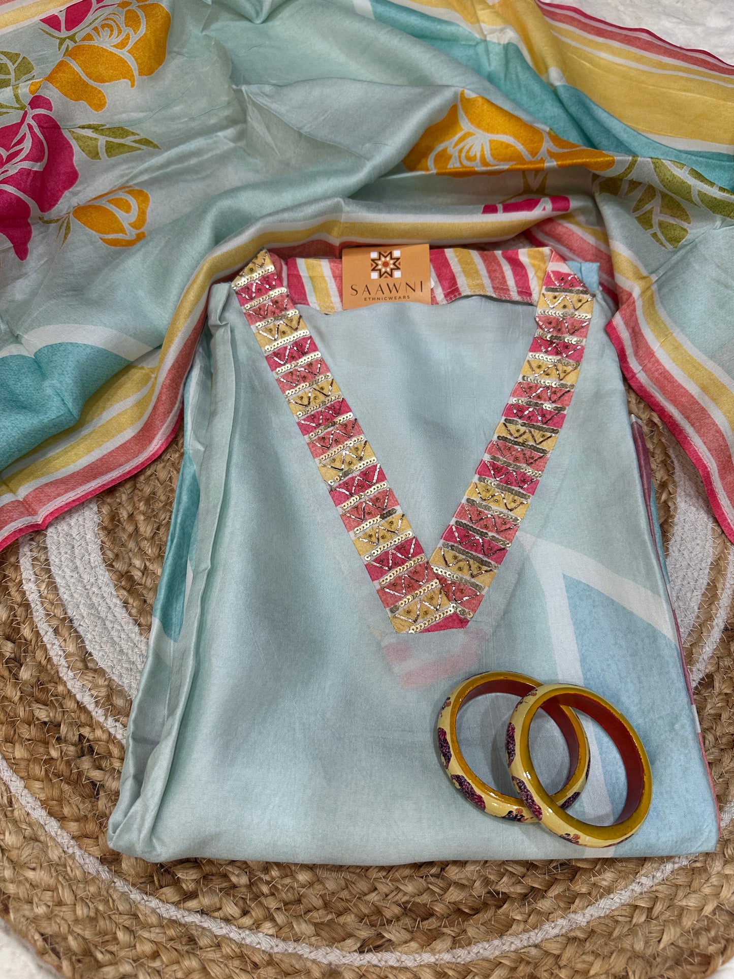 Unstitched light blue v neck printed suit set