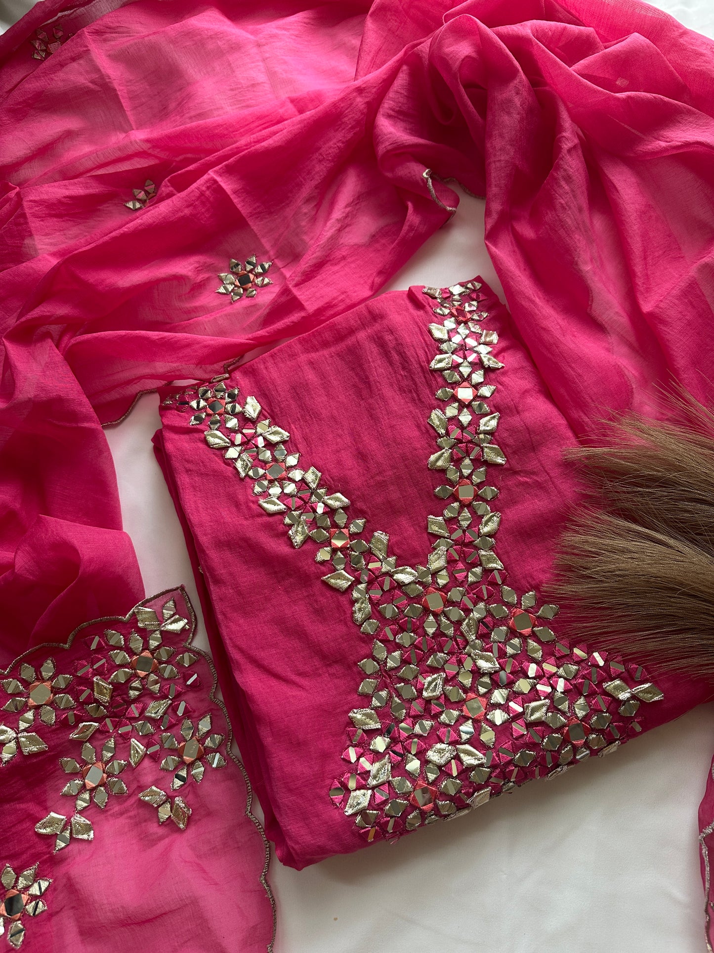 Unstitched mul cotton pink heavy neck work suit set