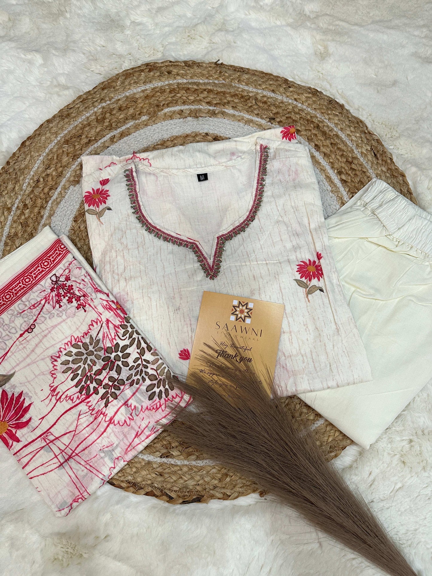 Off white printed kurta pant with dupatta