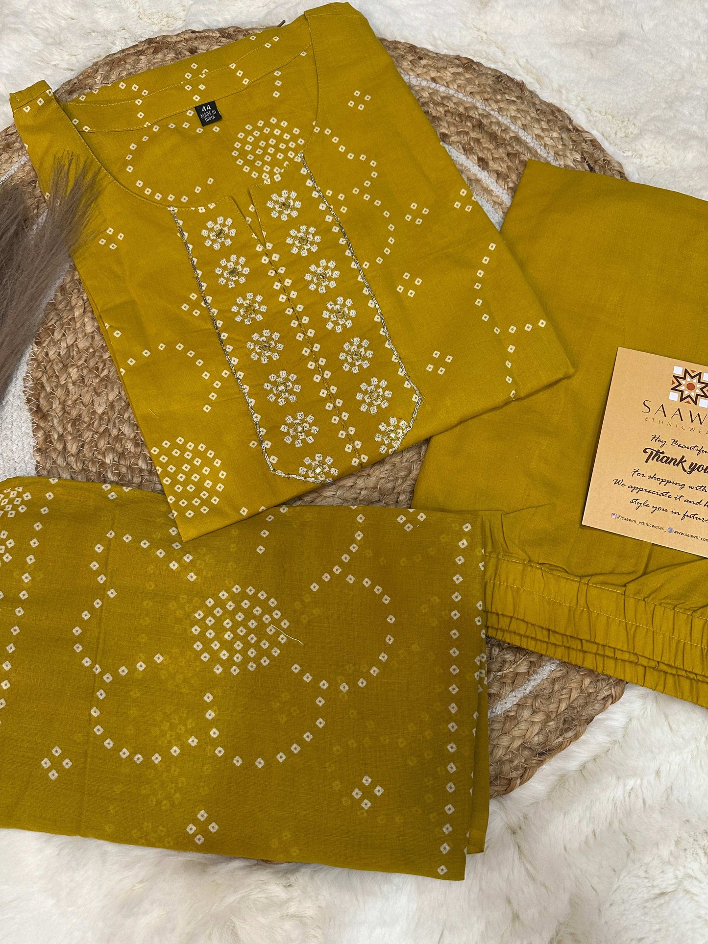 Yellow bhandani kurta pant with dupatta