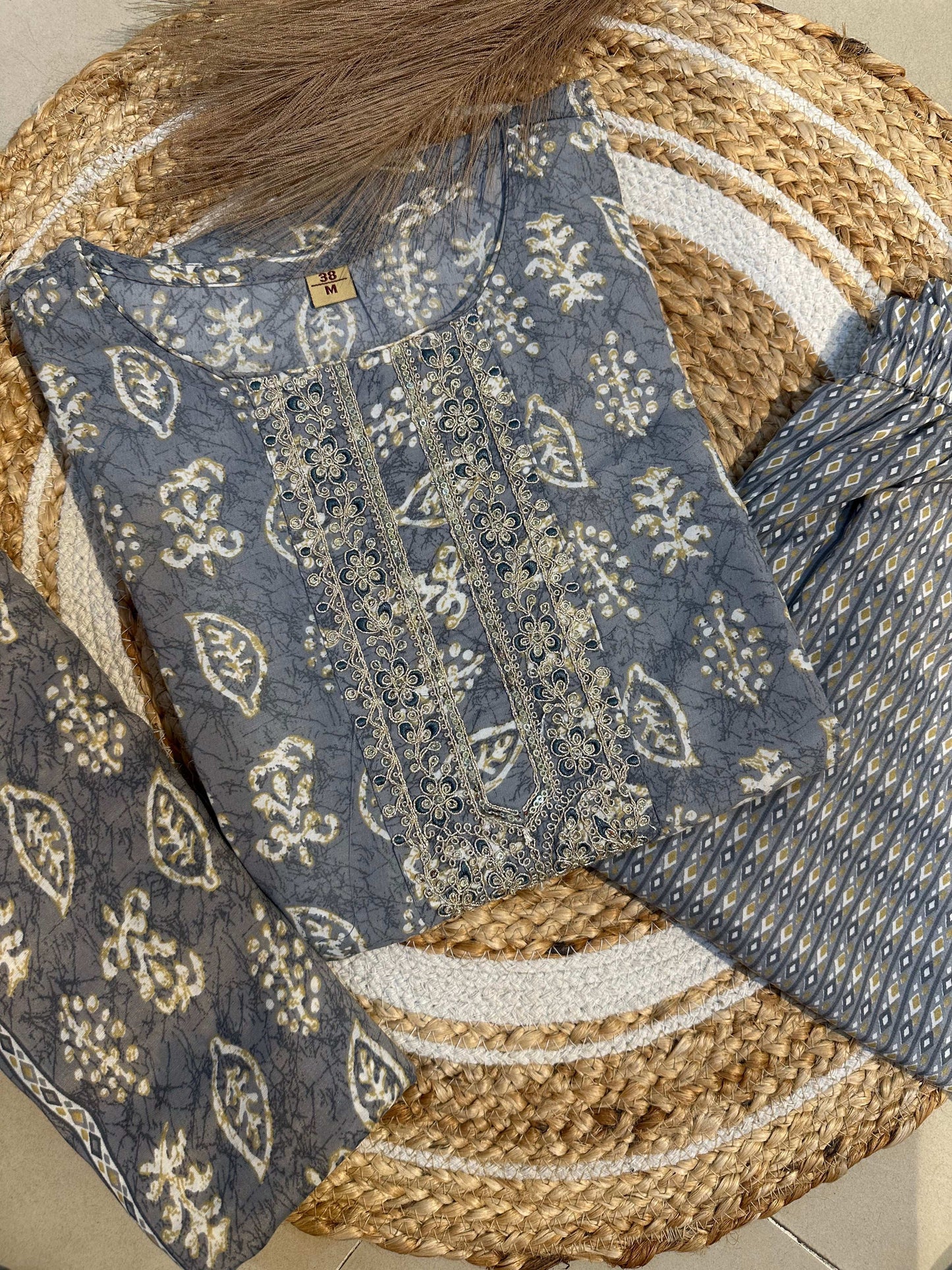Stitched Gray Kurta pant set with dupatta