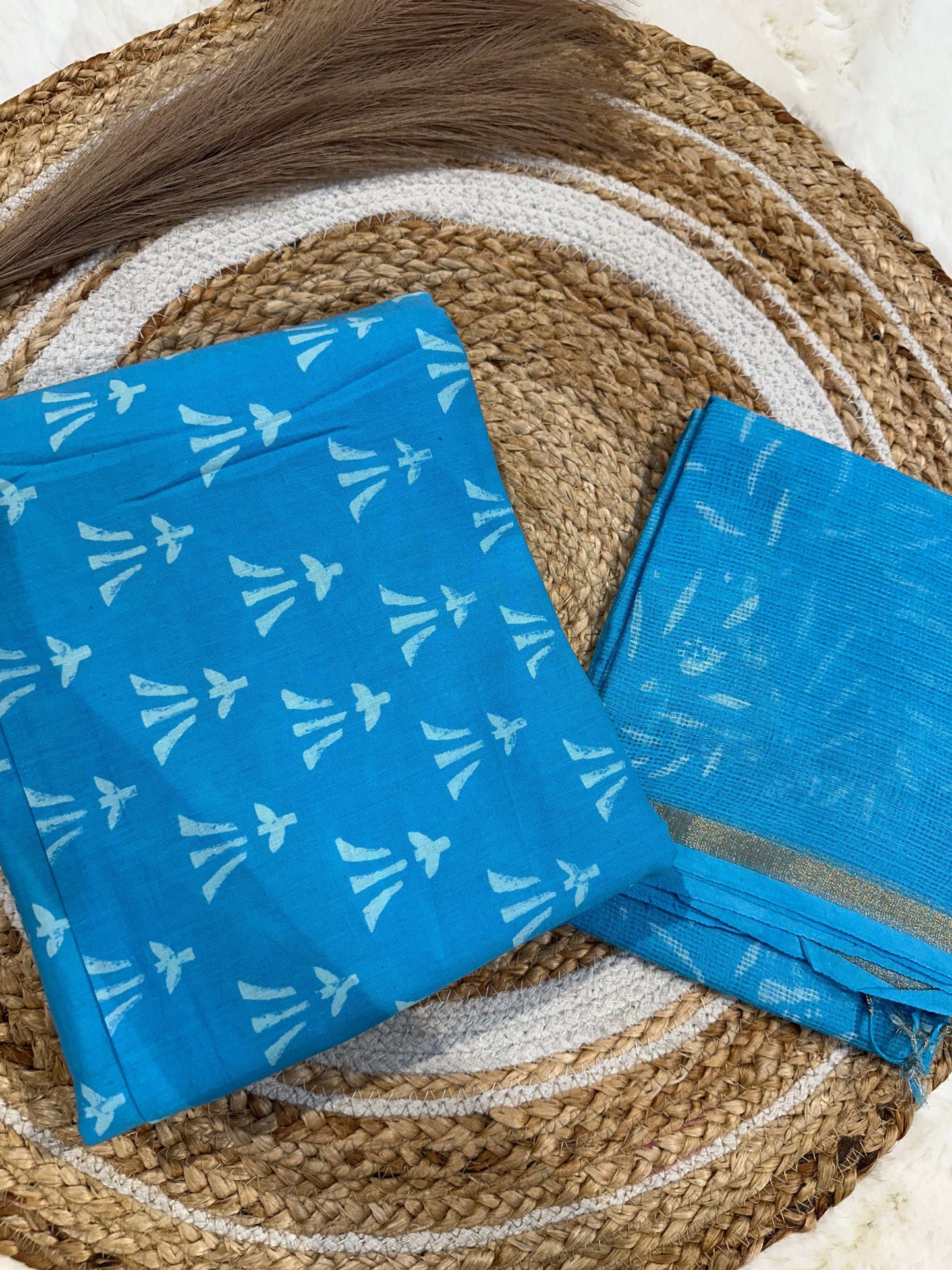 Sky blue handblock printed cotton unstitched suit set with cotton dupatta