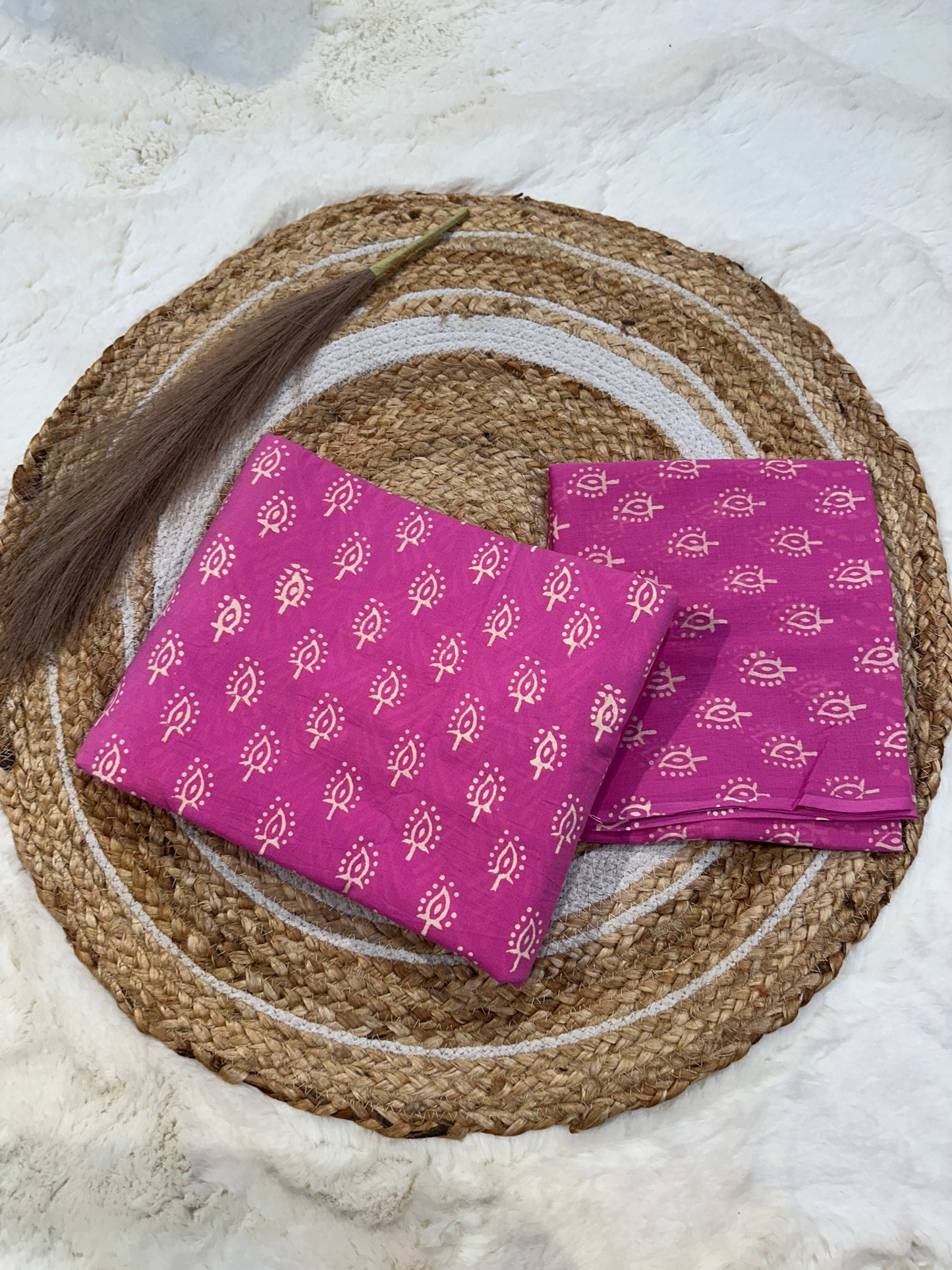 Pink handblock printed cotton unstitched suit set with cotton dupatta