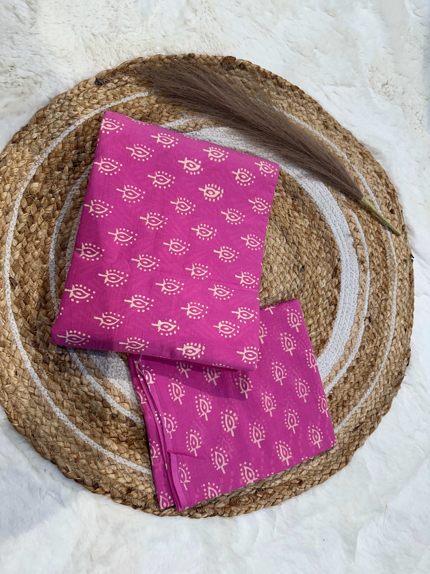 Pink handblock printed cotton unstitched suit set with cotton dupatta