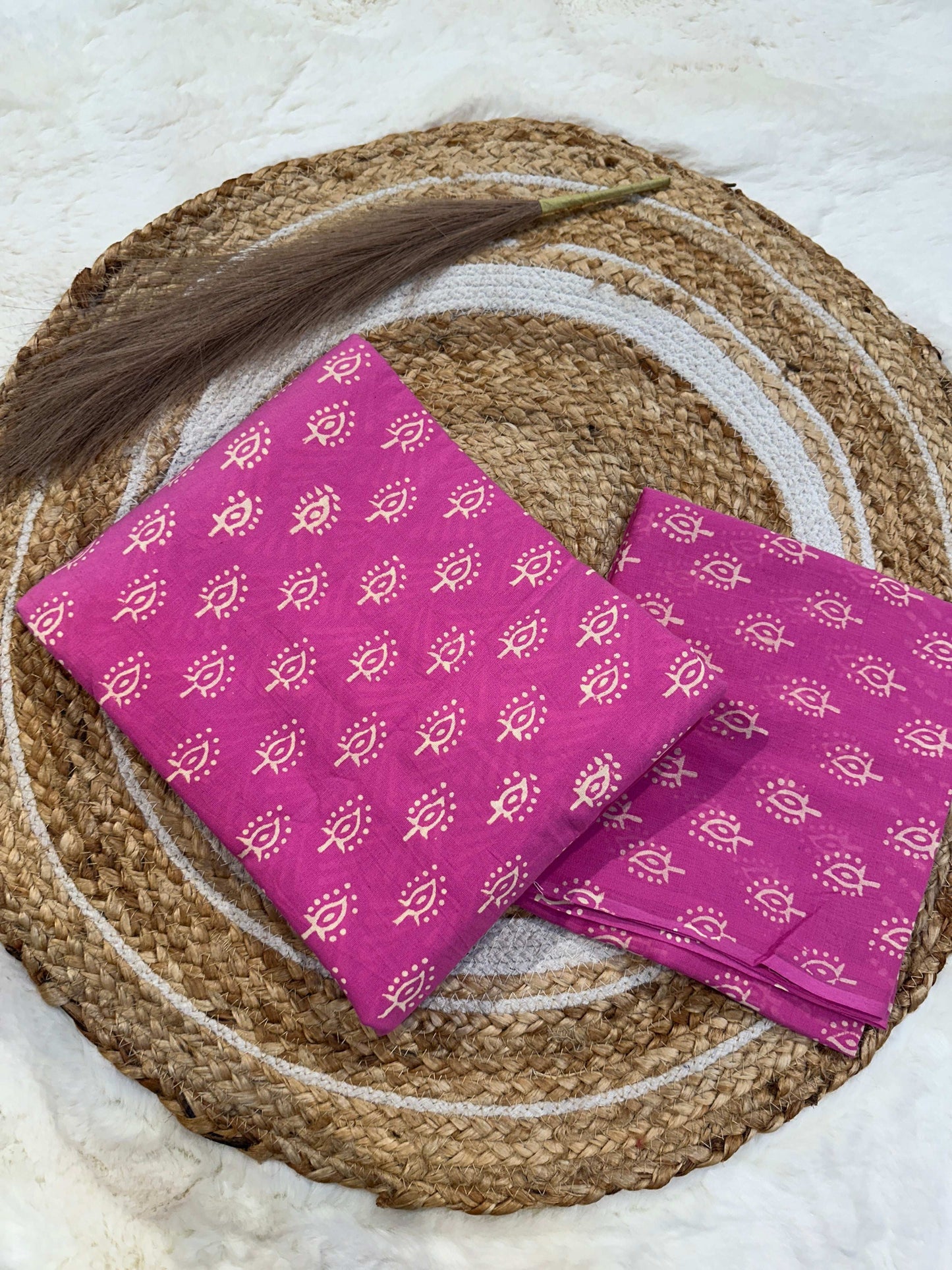 Pink handblock printed cotton unstitched suit set with cotton dupatta