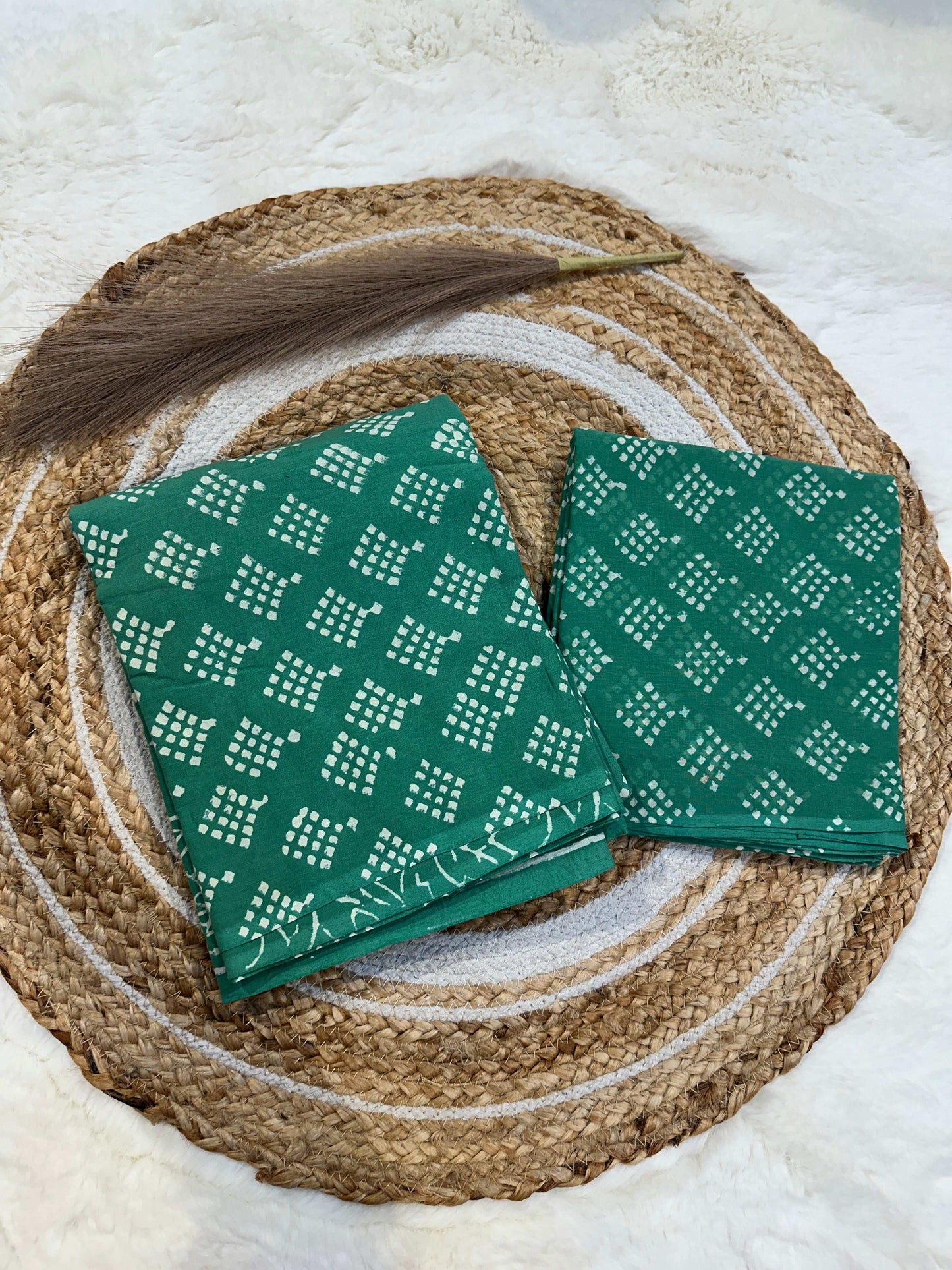 Green handblock printed cotton unstitched suit set with cotton dupatta