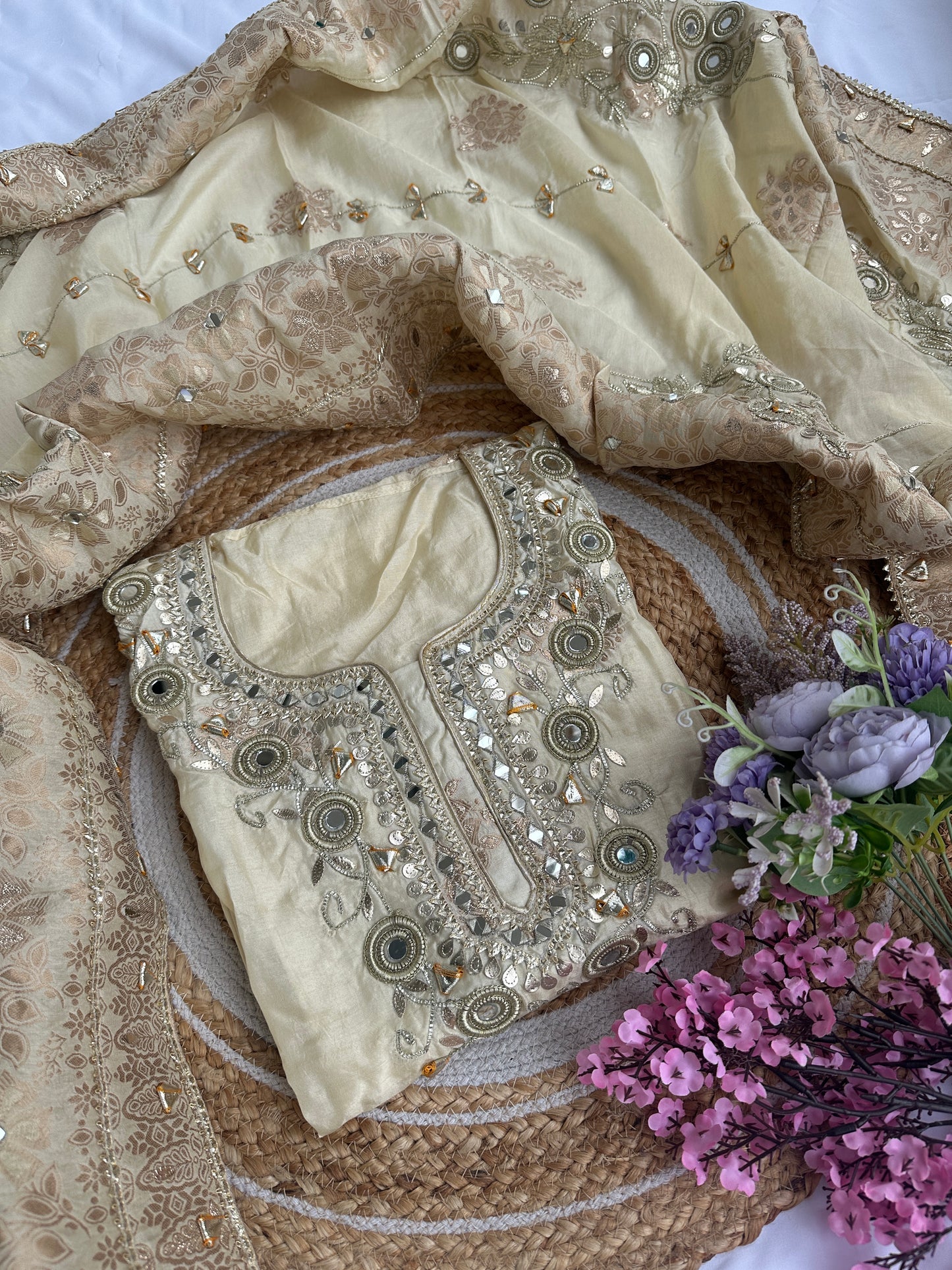 Golden Cream Designer Dola silk Unstitched Suit Set with Intricate Heavy Gota Patti Work