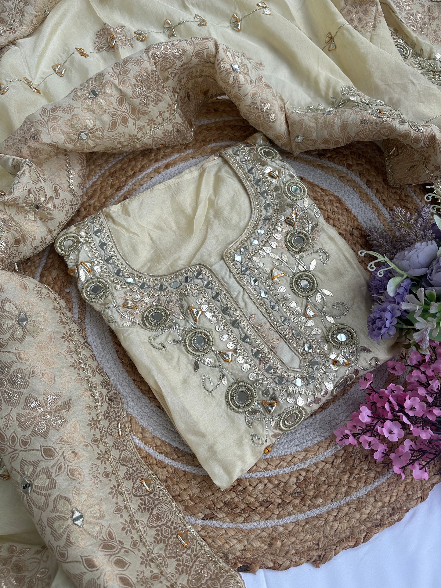 Golden Cream Designer Dola silk Unstitched Suit Set with Intricate Heavy Gota Patti Work