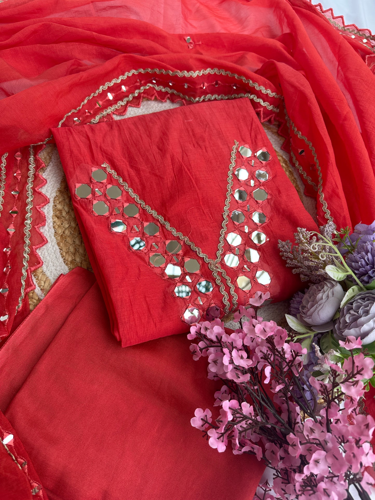 Red Mul Cotton Unstitched Suit Set with Intricate Mirror Work Detailing