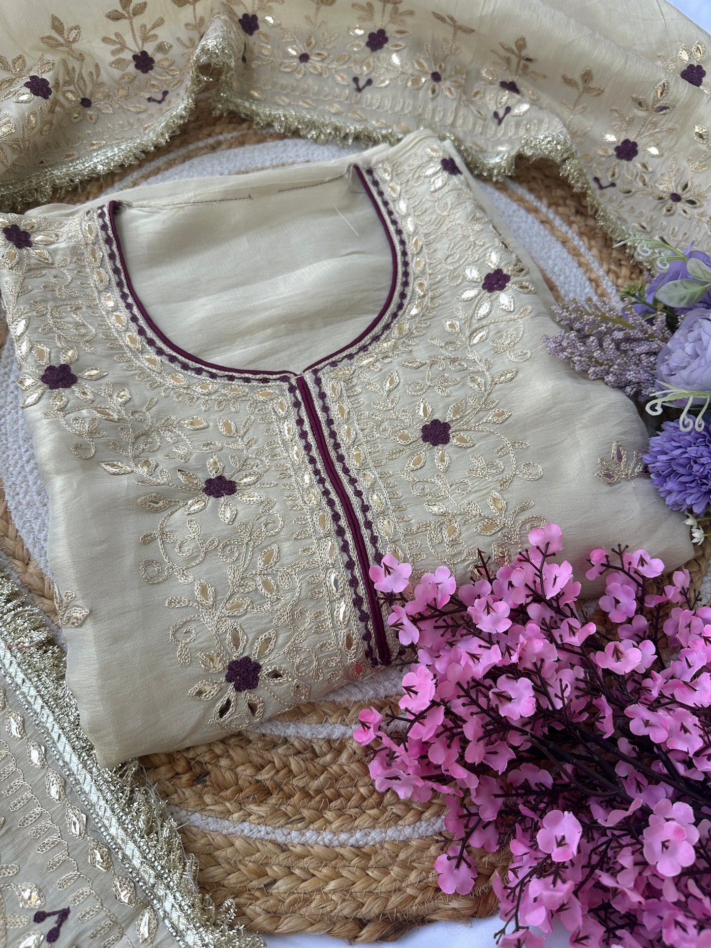 Unstitched Suit Set with Heavy Embroidered Neckline & Elaborate Dupatta - New