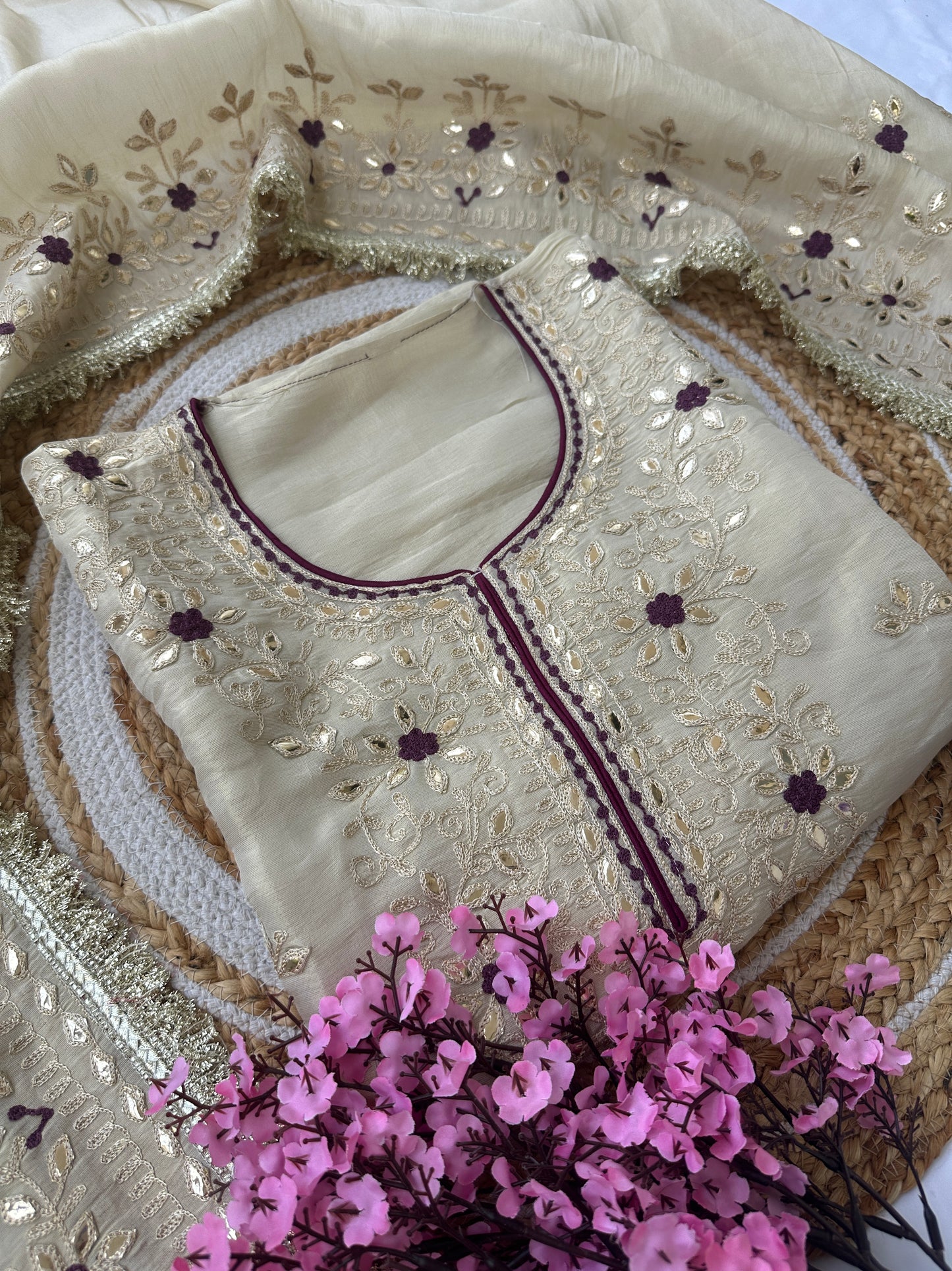 Unstitched Suit Set with Heavy Embroidered Neckline & Elaborate Dupatta - New