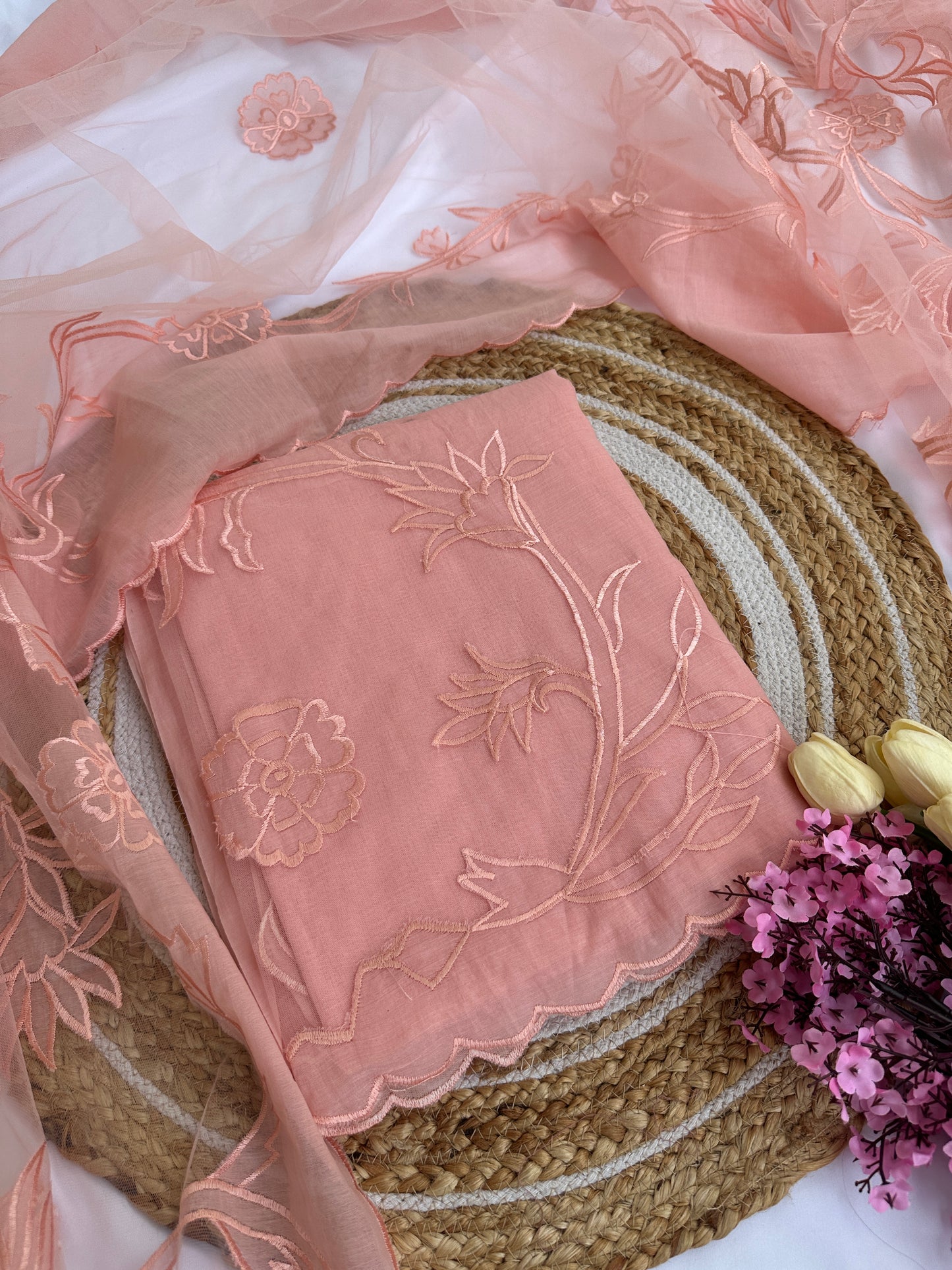 Peach Mul Cotton Unstitched Suit Set