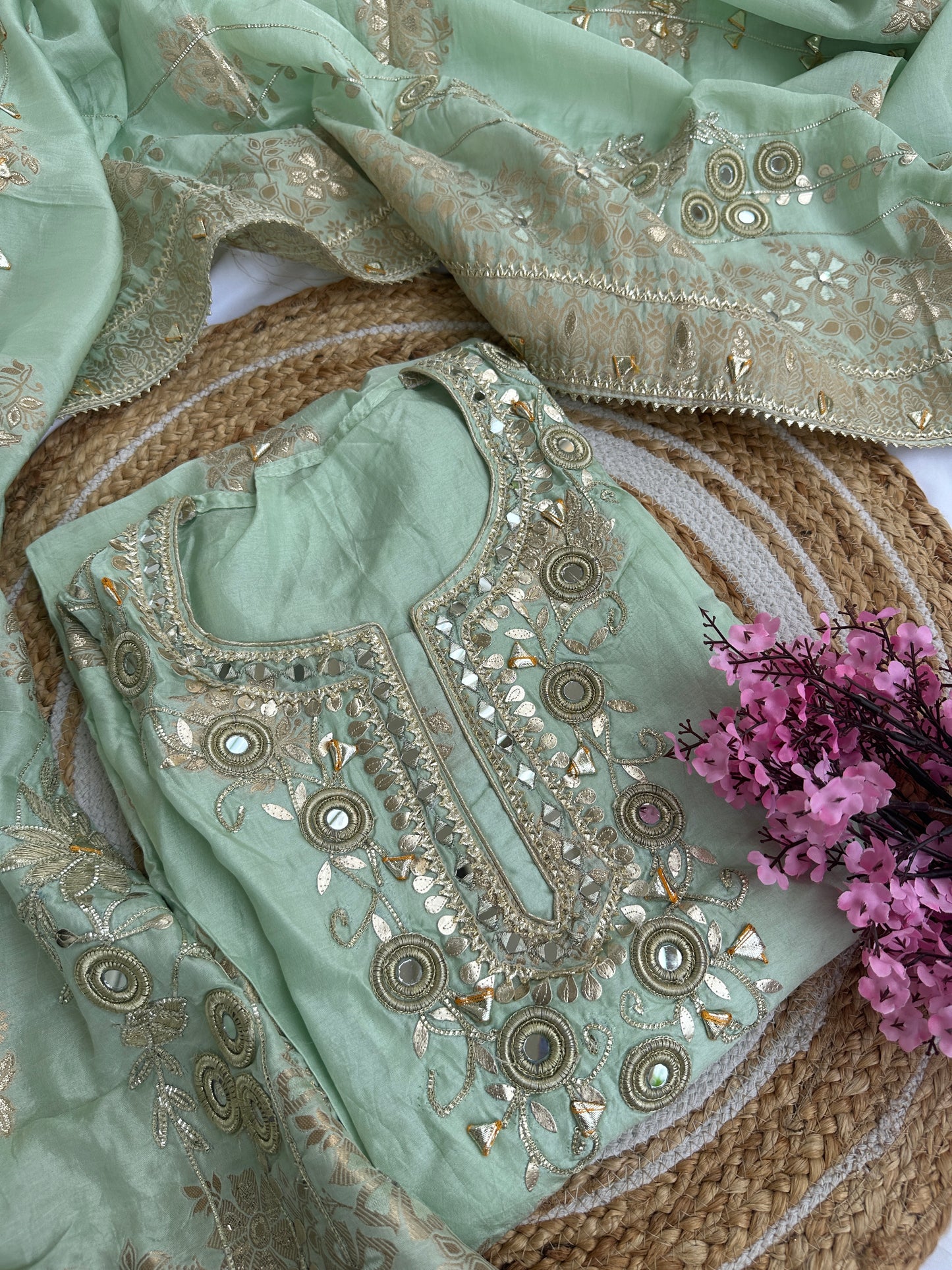 Pastel green Designer Dola silk Unstitched Suit Set with Intricate Heavy Gota Patti Work