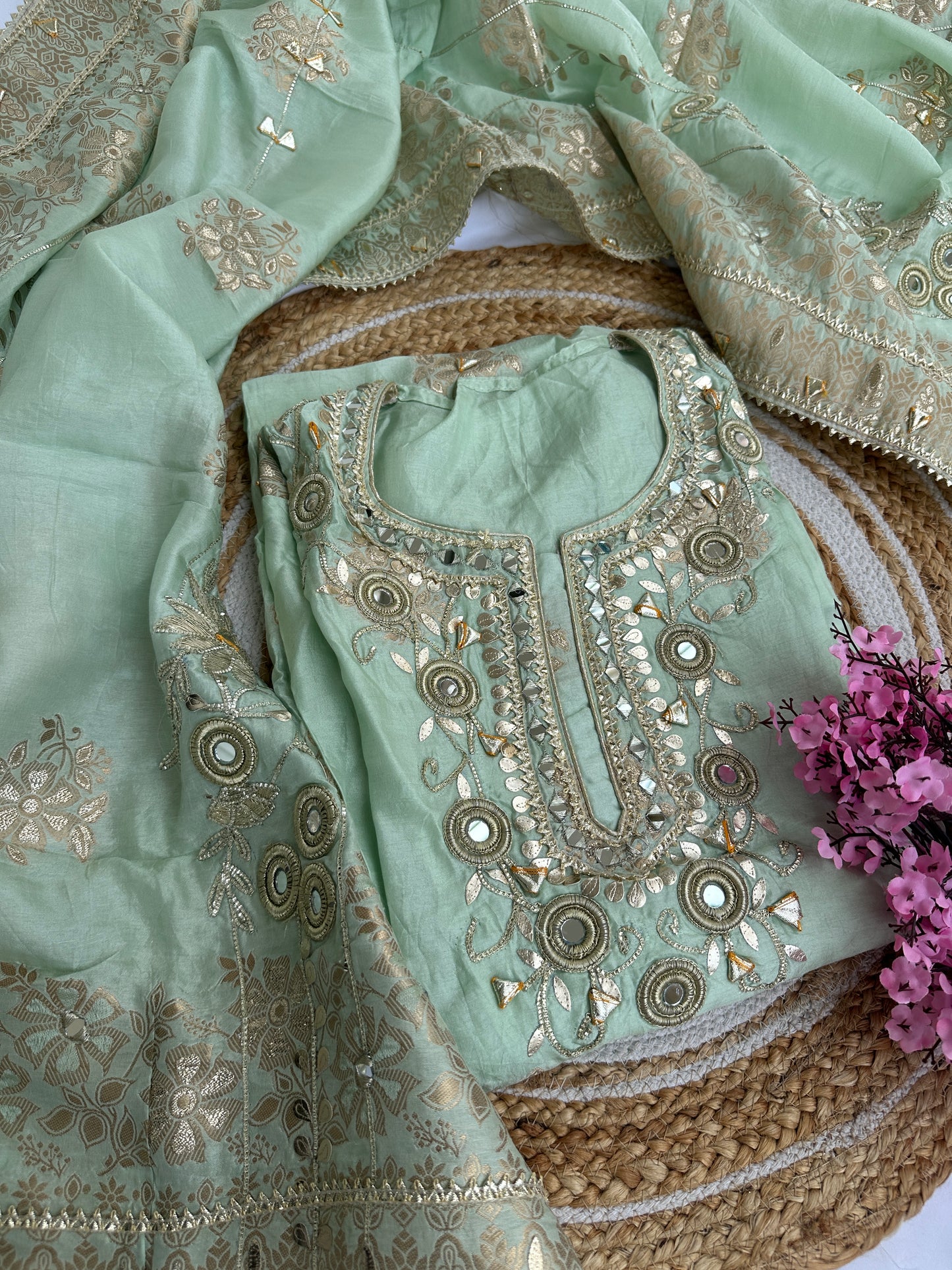 Pastel green Designer Dola silk Unstitched Suit Set with Intricate Heavy Gota Patti Work