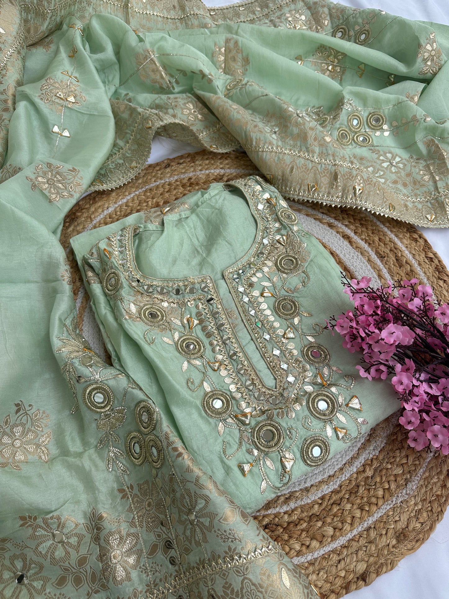 Pastel green Designer Dola silk Unstitched Suit Set with Intricate Heavy Gota Patti Work