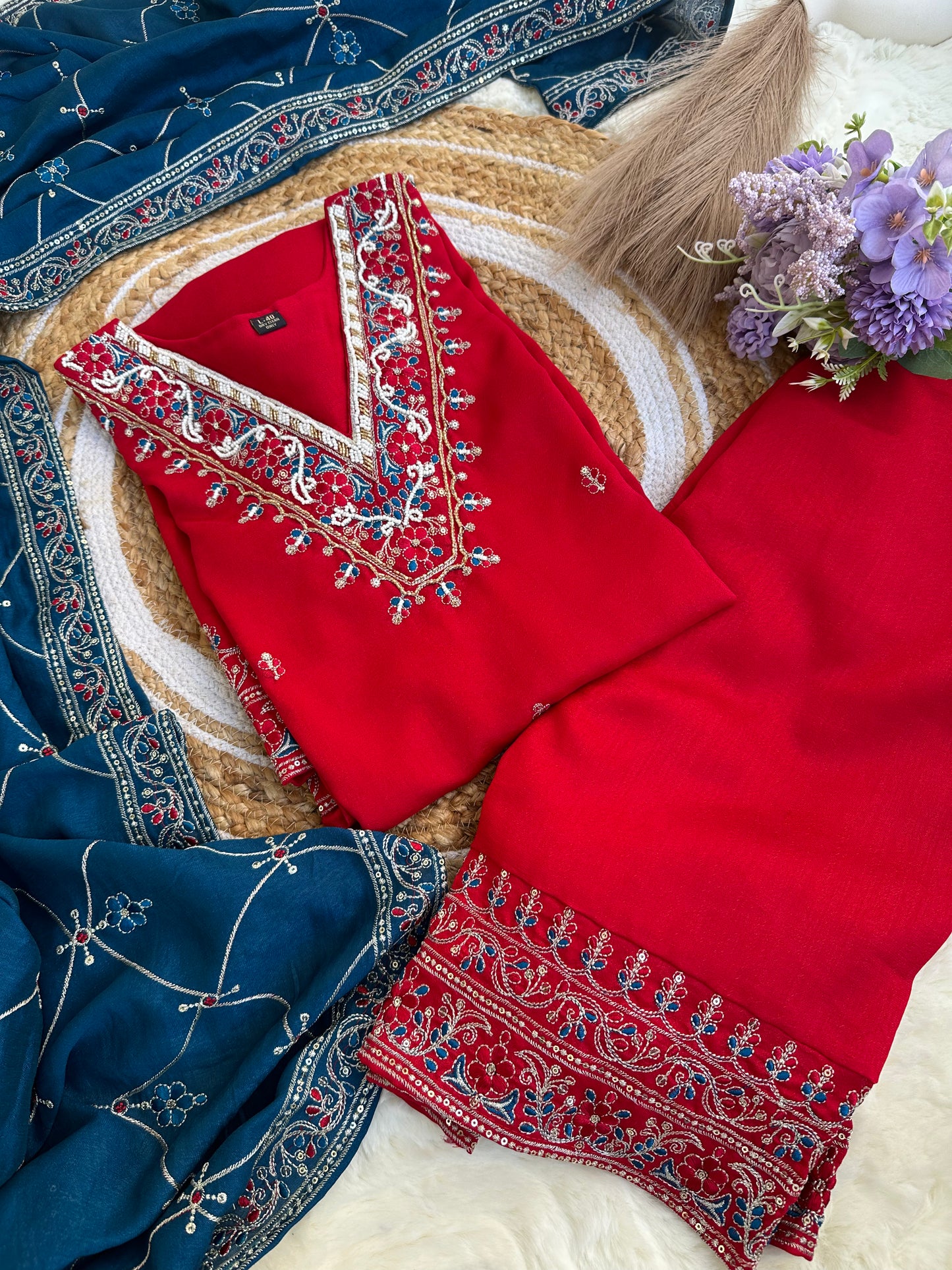 Red Kurta set with blue dupatta