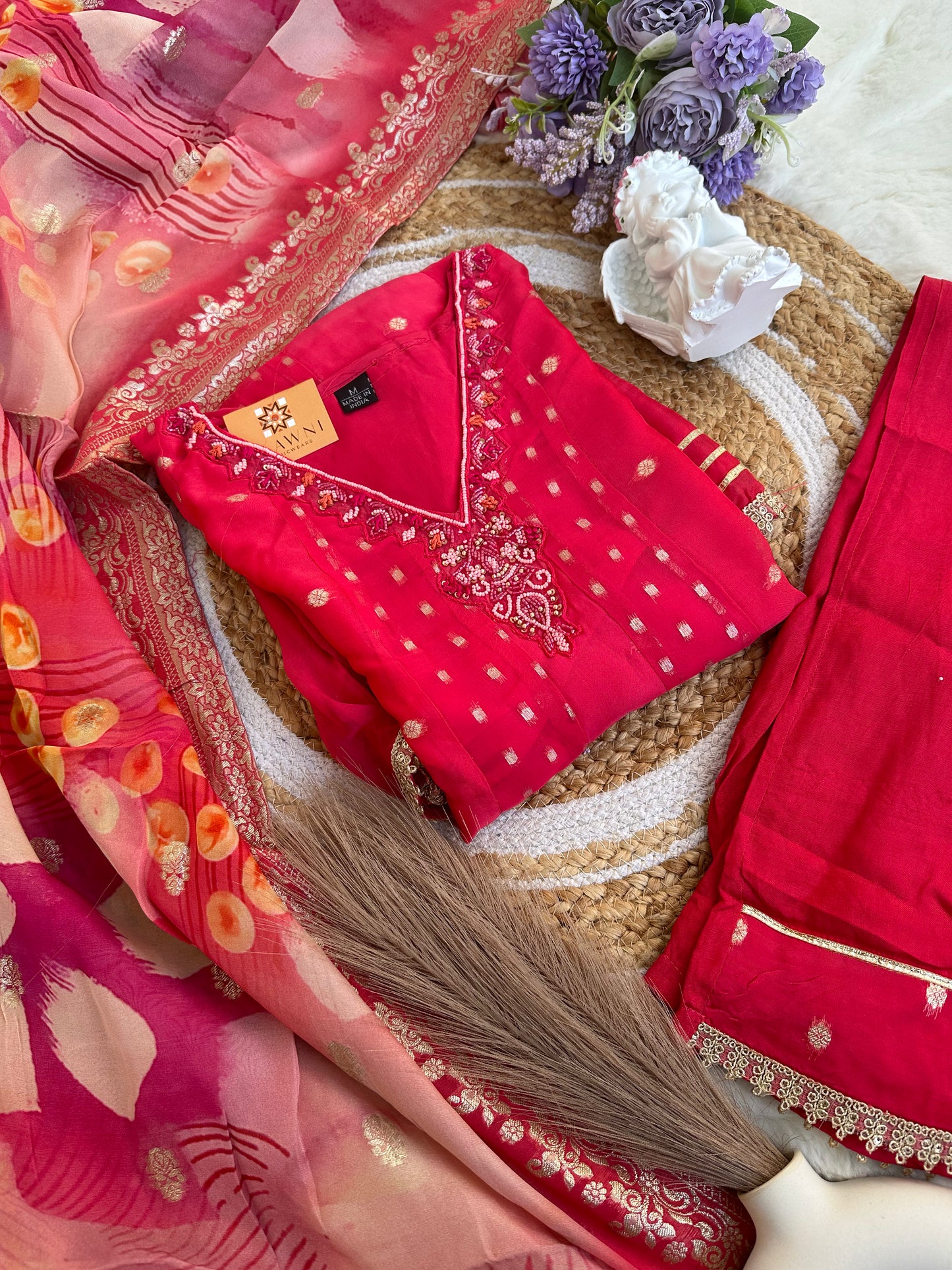 Solid Short kurta with pant and dupatta