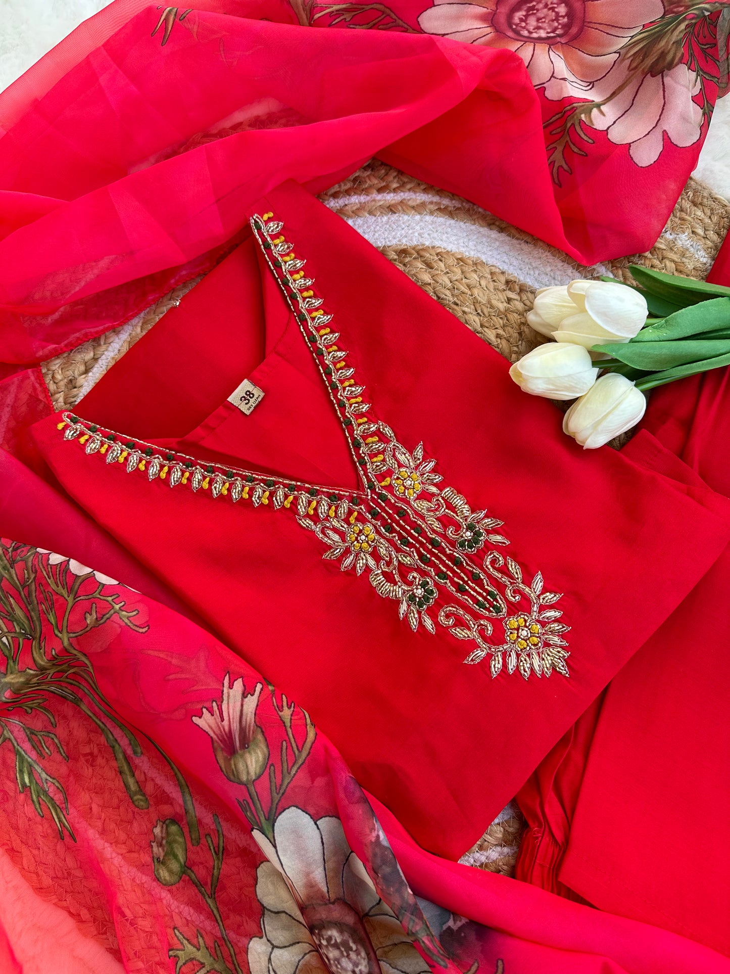 Red kurta with pant and digital print dupatta