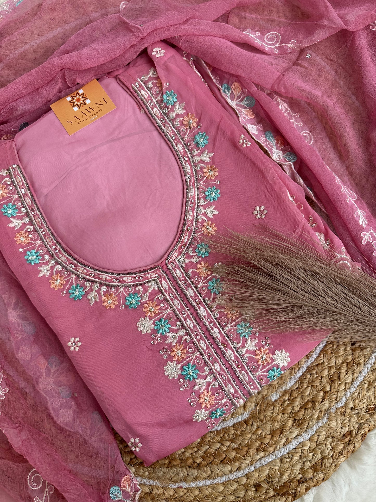 Unstitched organza pink suit set