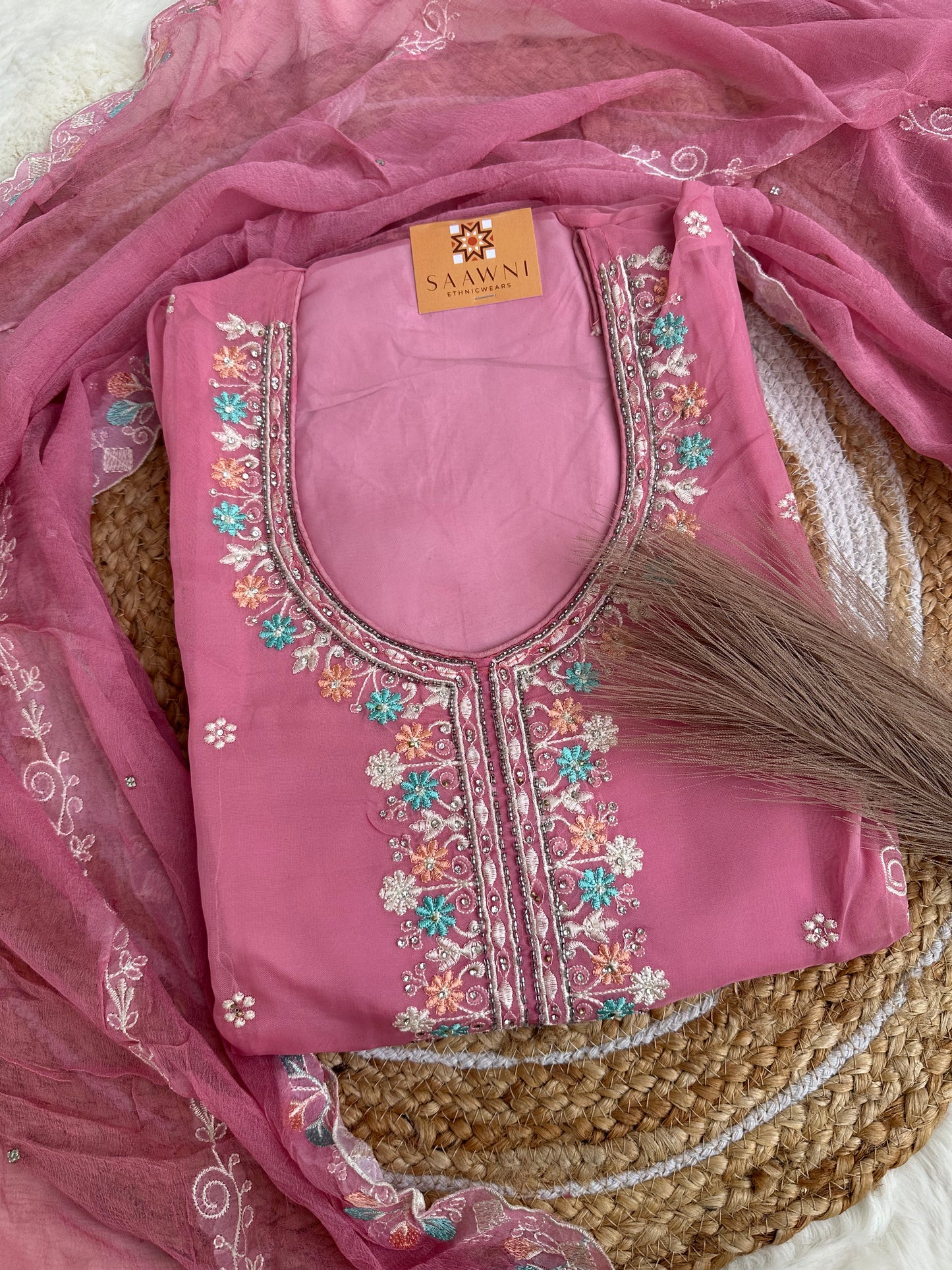 Unstitched organza pink suit set