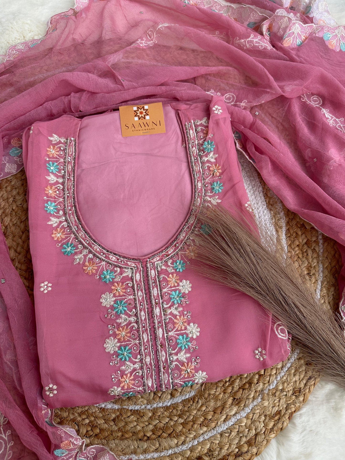 Unstitched organza pink suit set