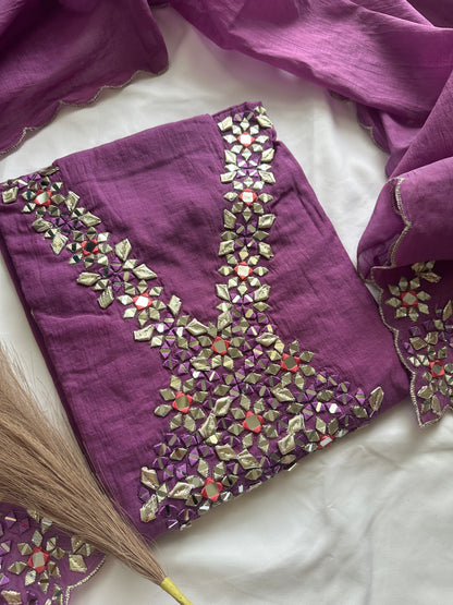 Unstitched mul cotton purple heavy neck work suit set
