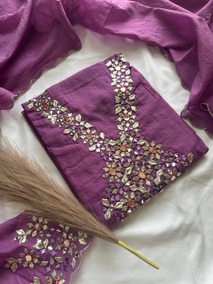 Unstitched mul cotton purple heavy neck work suit set