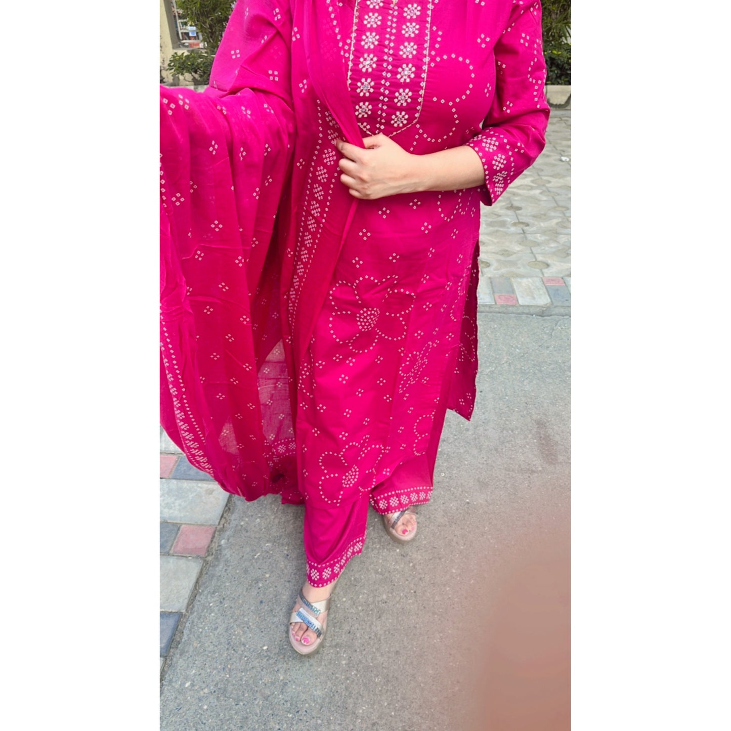 Pink bhandani kurta pant with dupatta