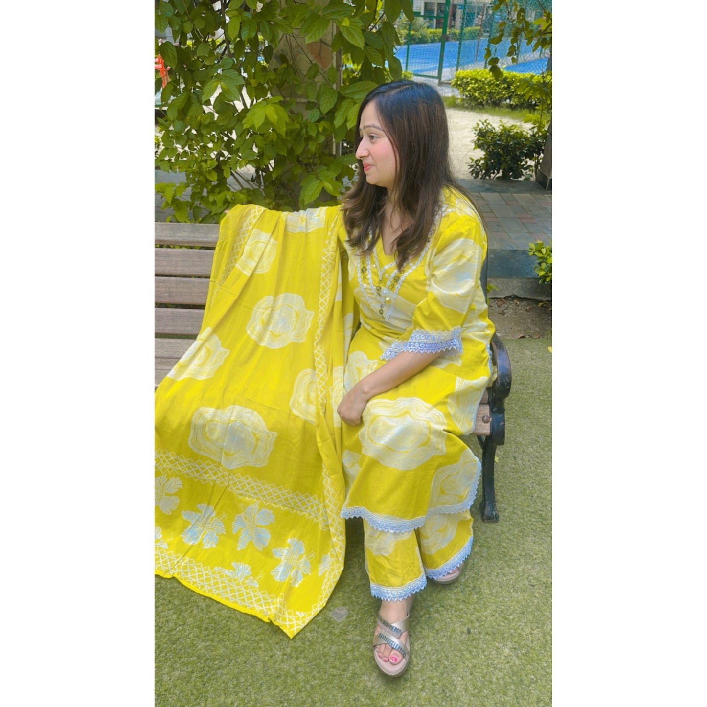 Yellow printed kurta pant with dupatta