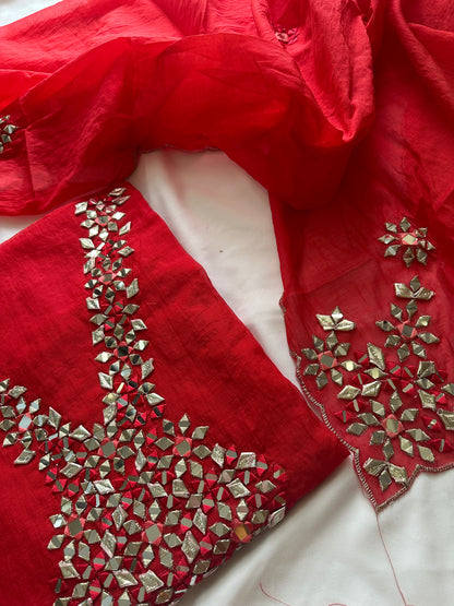 Unstitched mul cotton red heavy neck work suit set