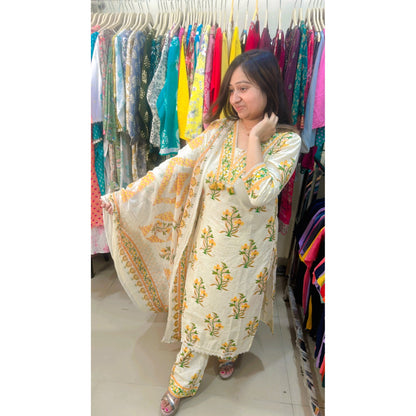 Cream multicolor cotton printed kurta pant with dupatta