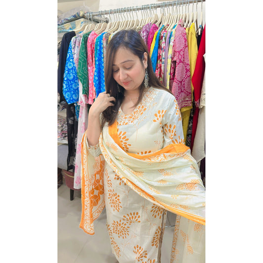 Offwhite mustard printed kurta with bottom and dupatta