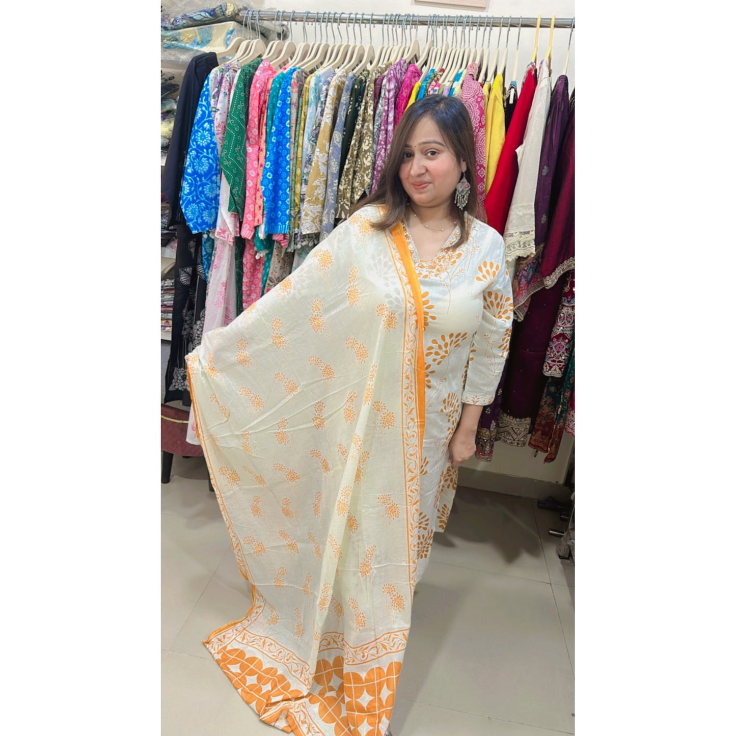 Offwhite mustard printed kurta with bottom and dupatta