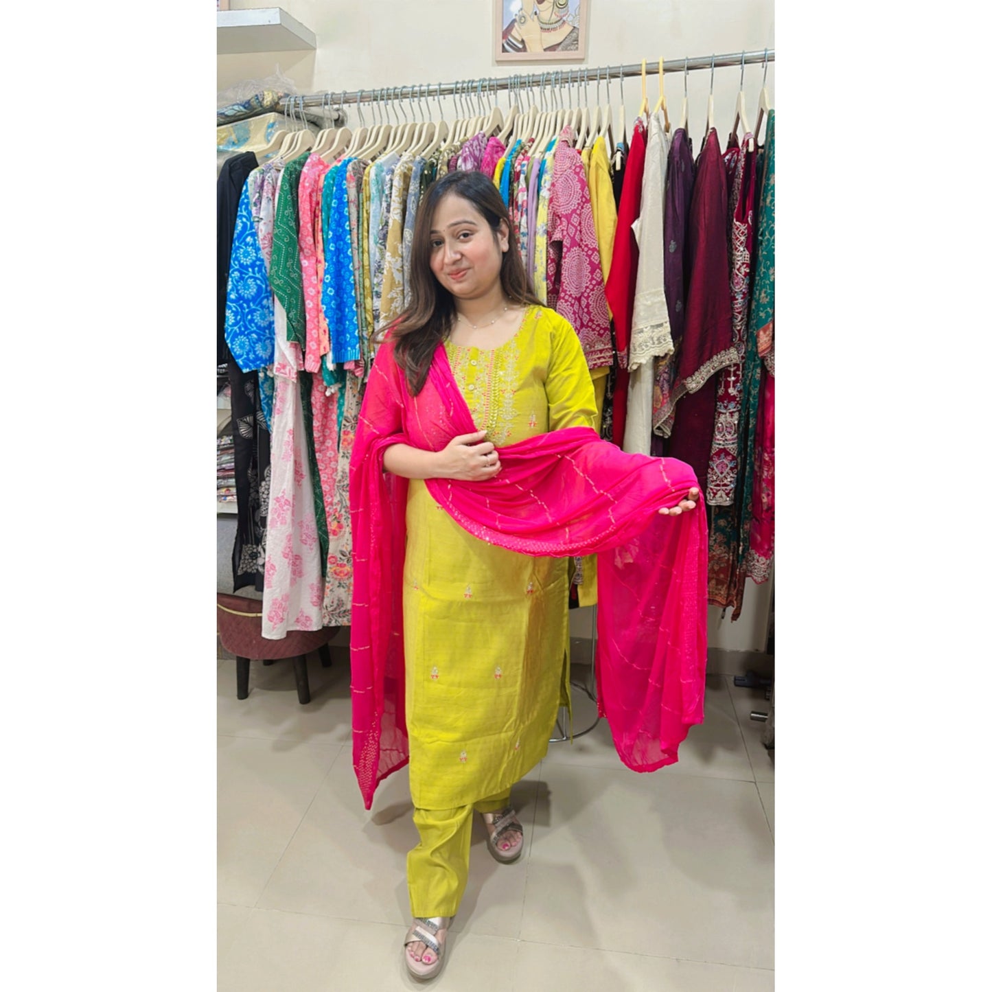 Green embroidered kurta with pink bottom and dupatta