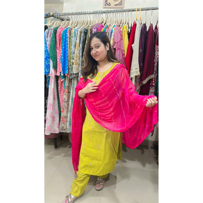 Green embroidered kurta with pink bottom and dupatta