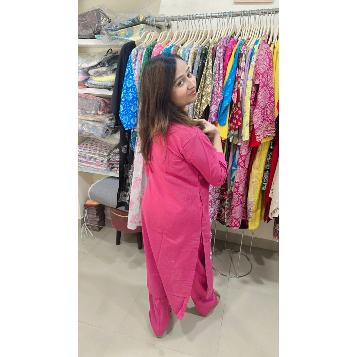 Pink V neck kurta with pant