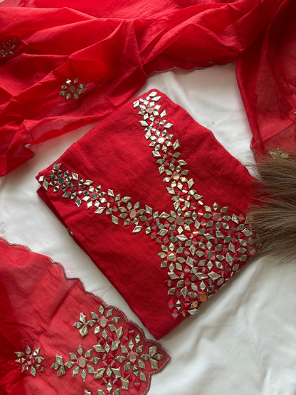 Unstitched mul cotton red heavy neck work suit set