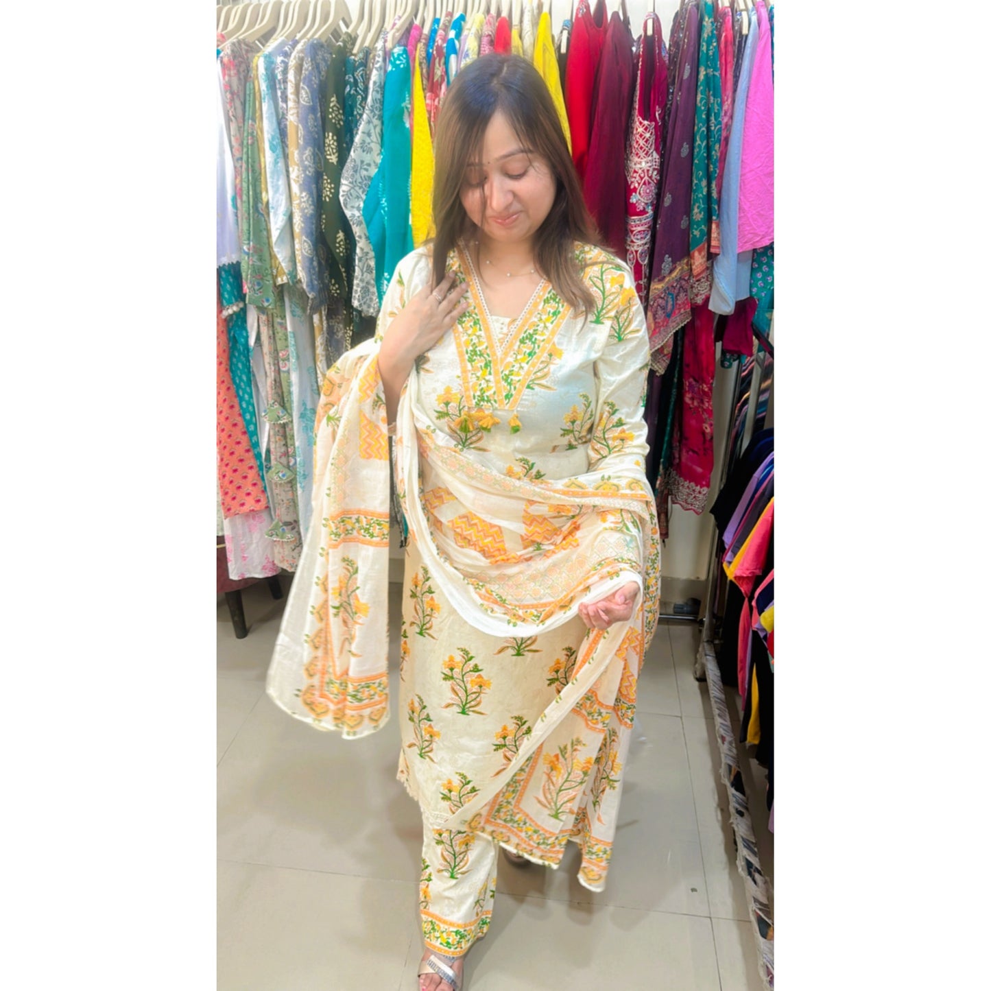 Cream multicolor cotton printed kurta pant with dupatta
