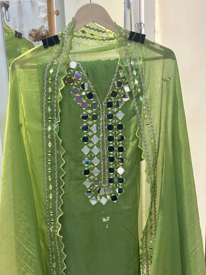 Green Mul Cotton Unstitched Suit Set with Intricate Mirror Work Detailing