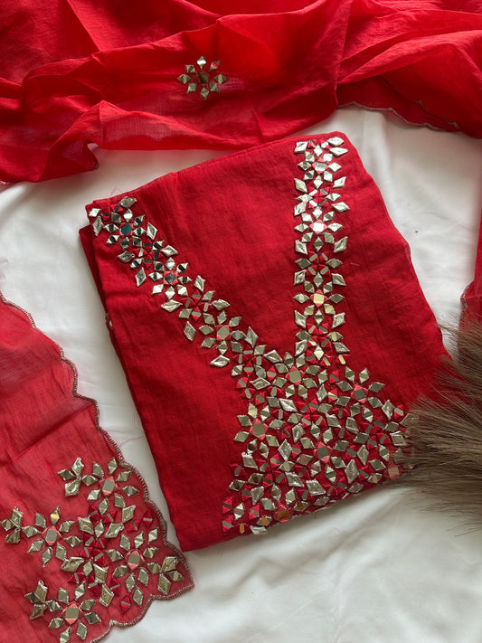 Unstitched mul cotton red heavy neck work suit set