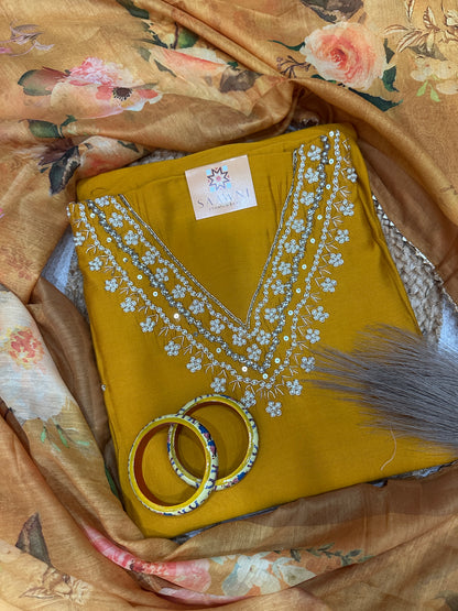 Mustard v neck unstitched suit set