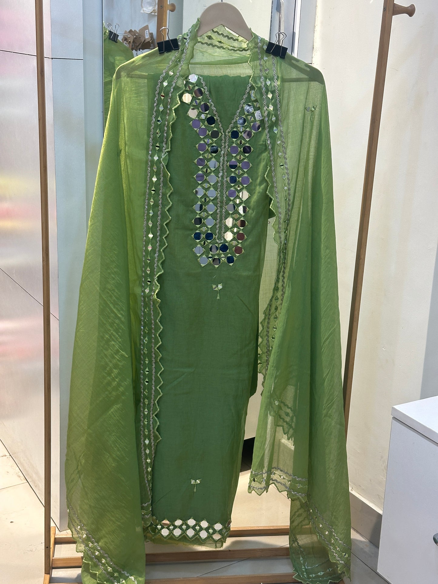 Green Mul Cotton Unstitched Suit Set with Intricate Mirror Work Detailing